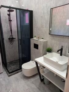 een badkamer met een douche, een toilet en een wastafel bij City center, peaceful, with free parking in Varaždin