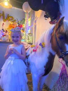 Une petite fille en robe à côté d'un faux poney dans l'établissement The Stable Annexe & Spa, à Dogdyke