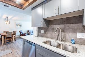 a kitchen with a sink and a living room at Modern, Rustic 2 Bed 1 bath 6 blocks from Mayo in Rochester