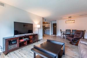 Una sala de estar con un sofá y un televisor de pantalla plana. en Modern, Rustic 2 Bed 1 bath 6 blocks from Mayo, en Rochester