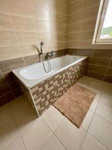 a bath tub in a bathroom with a tile wall at Moderní apartmán se soukromou vinotékou in Hodkovice nad Mohelkou