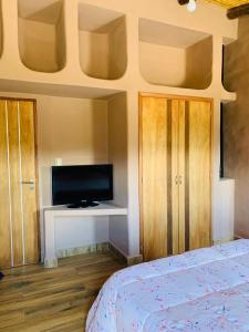 Schlafzimmer mit einem Bett und einem Flachbild-TV in der Unterkunft Tikay Humahuaca Refugio de Tierras in Humahuaca