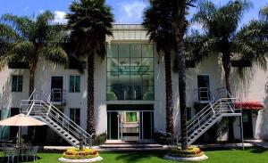 un grand bâtiment avec des palmiers devant lui dans l'établissement Hotel Posada Maria Sofia, à Cholula
