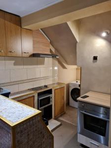 a large kitchen with a stove and a sink at House Slava in Veliko Tŭrnovo