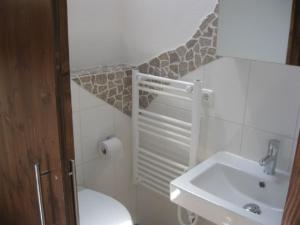 a bathroom with a white toilet and a sink at Ferienhaus 30 am Silbersee in Frielendorf +21 photos