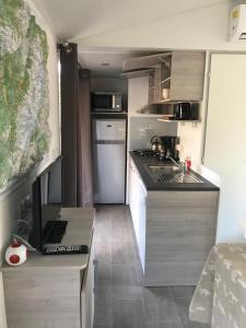 Kuchyň nebo kuchyňský kout v ubytování MOBIL HOME camping LES ILES PASSY MT BLANC