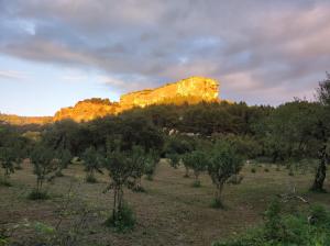 una montaña en medio de un campo con árboles en Mes'anges, en Les Baux-de-Provence