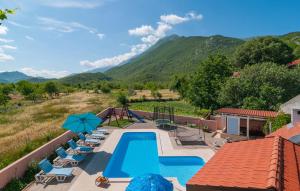 an outdoor swimming pool with chairs and umbrellas at Holiday home Perunika in Žeževica