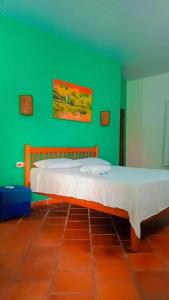 a green bedroom with a bed in front of a green wall at Pousada Villa Mariposa in Beberibe