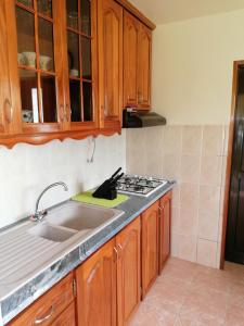 uma cozinha com um lavatório e um fogão em Residencial Chez Flor em Porto Novo