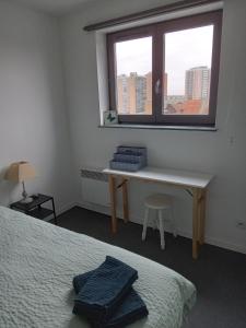 a bedroom with a bed and a desk and a window at Roubaix près Lille, un cocon en plein centre in Roubaix