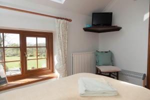 1 dormitorio con cama, ventana y silla en Burton Farmhouse, en Kingsbridge