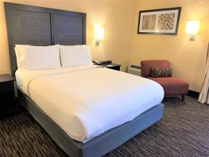 ein Hotelzimmer mit einem großen Bett und einem Stuhl in der Unterkunft Holiday Inn Dublin - Pleasanton, an IHG Hotel in Dublin