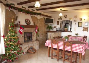 a living room with a christmas tree and a fireplace at Pension Nea Marin in Măgura