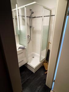 a shower with a glass door in a bathroom at Op'n Dörp Apartment in Barsbek
