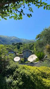 two white umbrellas in front of a building at Agriturismo Treterre in Pianello Del Lario