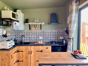 a kitchen with wooden cabinets and a counter top at Coral Cabins in Dunvegan