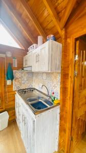 a kitchen with white cabinets and a sink at Villa Angela Glamping & Tiny Houses in Paipa