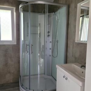 a bathroom with a shower and a sink at Sonnenheim in Sonnleiten +11 photos