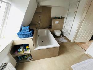 een badkamer met een ligbad en een toilet bij See Igel Sjöborre in Wismar +14 foto's