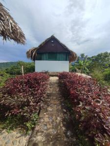 una casa con techo de paja y un camino de tierra en Mirador Dentro del Parque Tayrona, en El Zaino