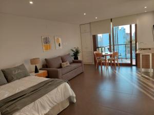 马德普拉塔EXCELENTE y completisimo monoambiente con cochera的一间卧室，里面有一张床、一张沙发和一张桌子