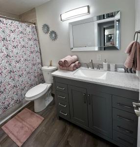 y baño con lavabo, aseo y espejo. en Anchorage midtown apartment- Wyoming 1, en Anchorage
