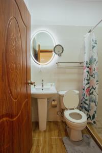 W łazience znajduje się toaleta, umywalka i lustro. w obiekcie July AirBnB w mieście Lower Princeʼs Quarter