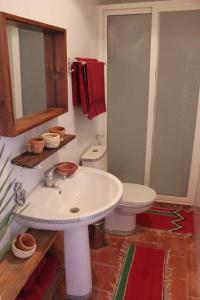 La salle de bains est pourvue d'un lavabo blanc et de toilettes. dans l'établissement Résidence Tin Habib, à Timimoun