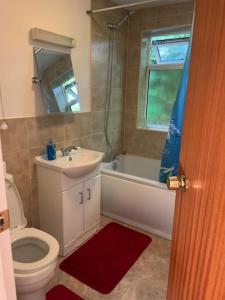 a bathroom with a toilet and a sink and a bath tub at Spacious Furnished Bungalow with Garden n Parking in Bradenham