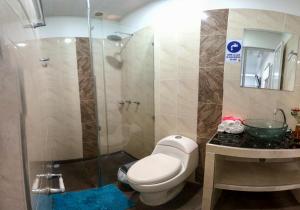 W łazience znajduje się toaleta i przeszklony prysznic. w obiekcie Hotel Royal Classy w mieście Villavicencio