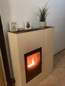 a fireplace in a living room with a fire in it at Casa rural La Hontanilla in Miguel Esteban