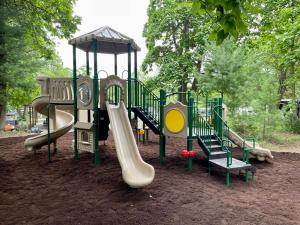 a playground with a slide in a park at Lakewood Park Campground - Luxury Cabin in Barnesville
