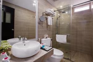 W łazience znajduje się umywalka, toaleta i prysznic. w obiekcie HANOI FLORA HOTEL w mieście Hanoi