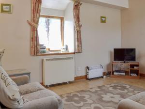 a living room with a couch and a tv at Bryn Gefeiliau in Capel Curig