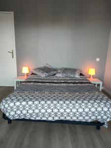 - une chambre avec un lit et 2 lampes sur 2 tables dans l'établissement Résidence belle vue, à Saint-Brieuc