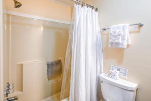 uma casa de banho com uma cortina de chuveiro branca e um WC. em The Roost em Mineral