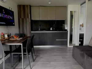 a kitchen and living room with a table and a dining room at Mobilna hiška pogled na jezero in Velenje