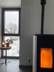 sala de estar con chimenea y ventana en Gîte de fontanes aubrac Margeride loups du gevaudan Lozère en Saint-Sauveur-de-Peyre