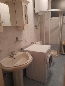 bagno con lavatrice e lavandino di Authentic Belgrade Centre - Apartment Ethnica 3 a Belgrado