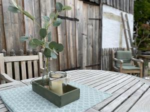 Una mesa con un jarrón con una planta. en Ferienhaus im Fichtelgebirge en Nagel