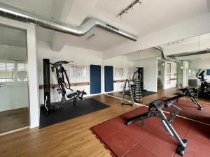 un gimnasio con cintas de correr y bicicletas estáticas en una habitación en Meerluft 10 en Dranske