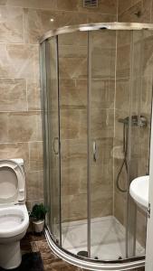a bathroom with a shower with a toilet and a sink at Cheerful 3 bedroom Townhouse with free parking. in Billericay