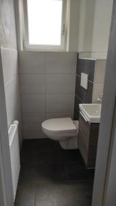ein Bad mit einem WC, einem Waschbecken und einem Fenster in der Unterkunft Wörnitz Haus mit 3 Schlafzimmern in Oettingen in Bayern