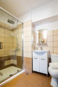 a bathroom with a shower and a toilet and a sink at Long street suites in Braşov