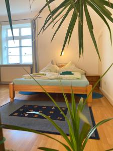 een slaapkamer met een bed en een potplant bij Der Nagelhof Ferienwohnungen in Hollernstraße