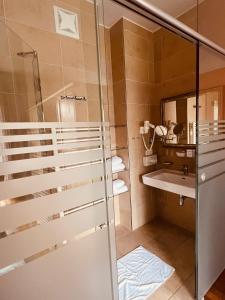 a bathroom with a shower and a sink at Hotel Paradiesquelle Schneeberg in Puchberg am Schneeberg +84 photos