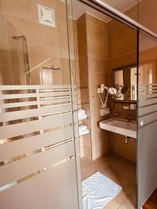 a bathroom with a shower and a sink at Wellnesshotel Paradiesquelle in Puchberg am Schneeberg