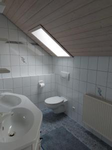 a bathroom with a white toilet and a sink at FeWo Stauber in Amtzell