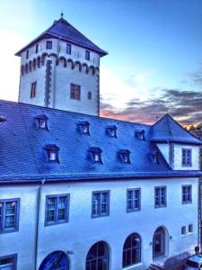 a large white building with a tower on top of it at Hotel Rheinlust in Boppard